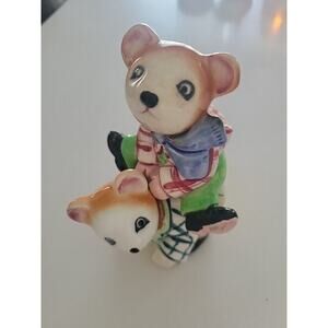 Vintage PY Japan Ceramic Anthromorphic Bears Leaping Salt & Pepper One Piece
